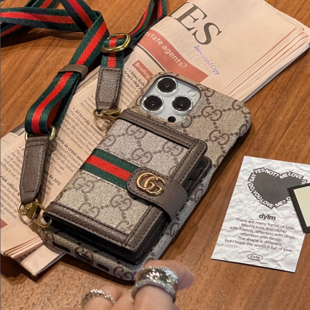 Gucci Monogram Beige and Green Phone Case with Strap
